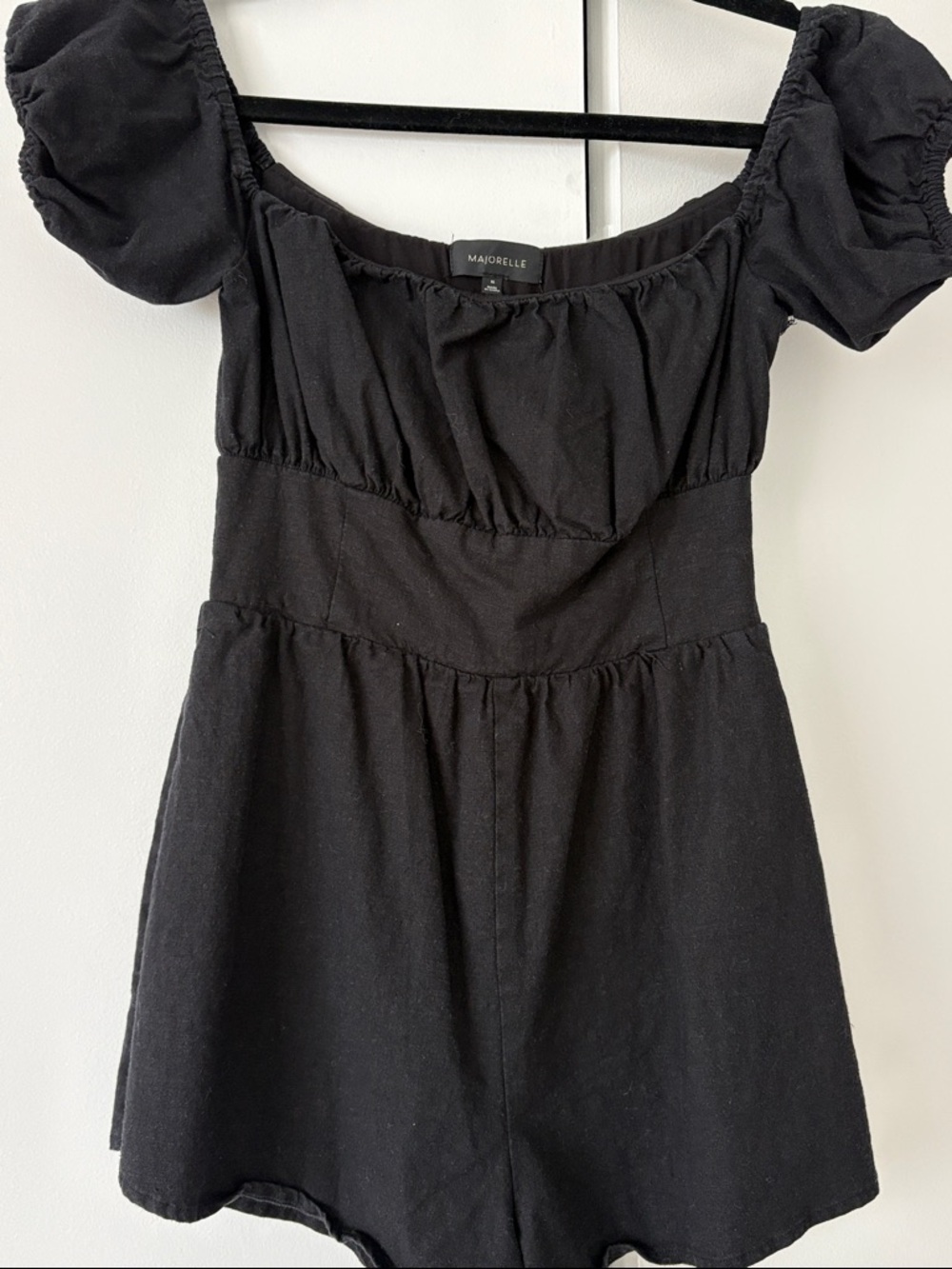 MAJORELLE Black One-Shoulder Puff-Sleeve Romper Dress